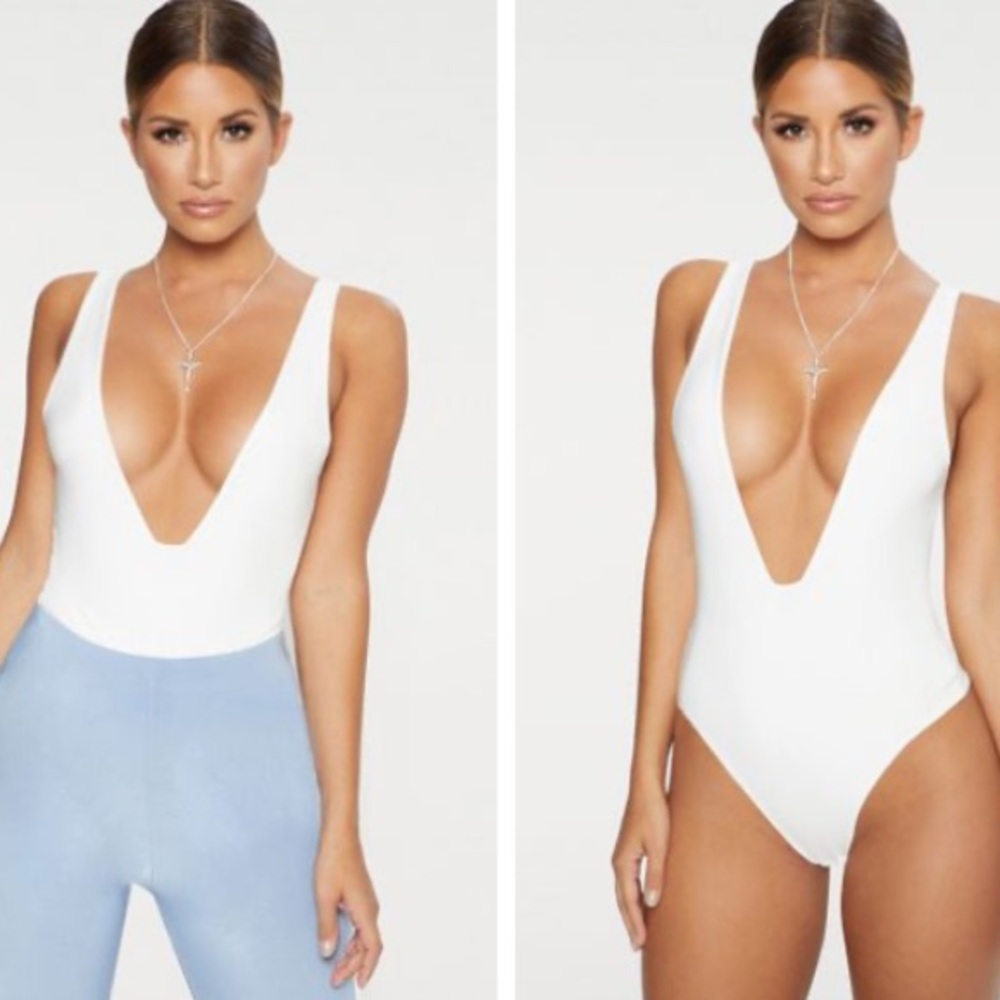 White second skin low cut thong bodysuit